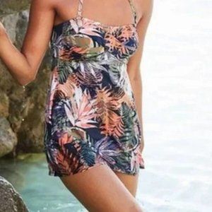 NWOT Womens Size 4 Garnet Hill Multicolor Tropical Palm Print Ruched Swim Dress